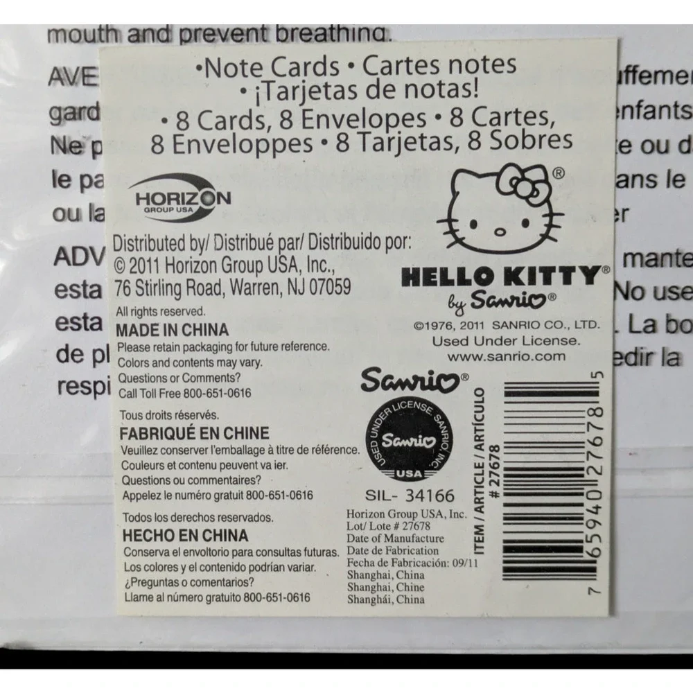 Sanrio Hello Kitty Stationery Notecards with Envelopes Set of 8 Cards New 2011